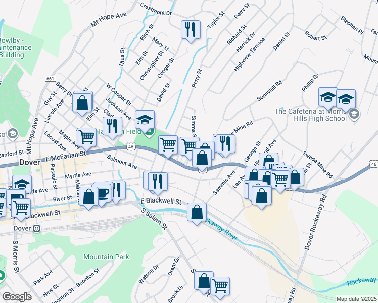 map of restaurants, bars, coffee shops, grocery stores, and more near 41 Simms Street in Dover
