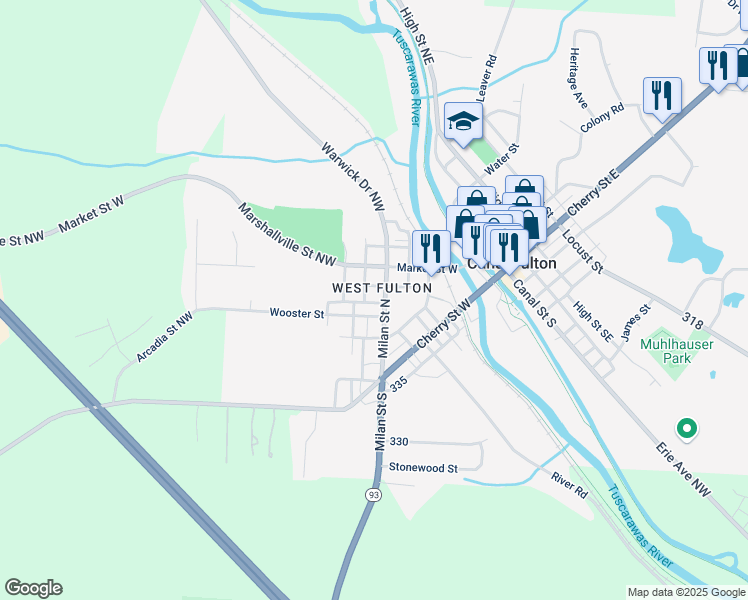 map of restaurants, bars, coffee shops, grocery stores, and more near 408 Milan Street North in Canal Fulton