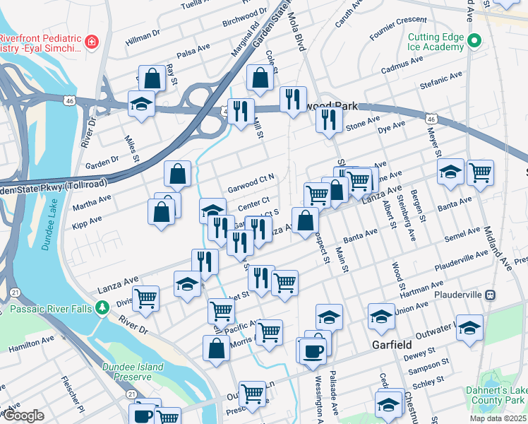 map of restaurants, bars, coffee shops, grocery stores, and more near 43 Garwood Court South in Garfield