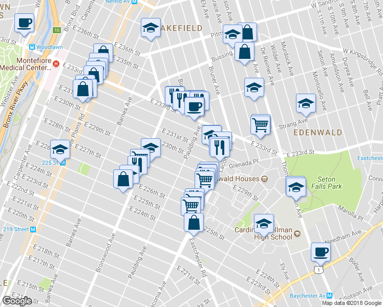 map of restaurants, bars, coffee shops, grocery stores, and more near 4124 Paulding Avenue in Bronx
