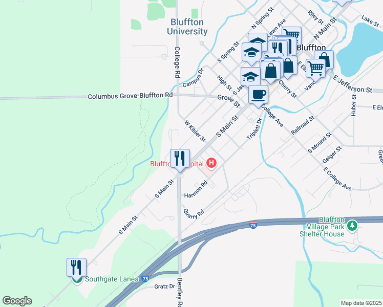 map of restaurants, bars, coffee shops, grocery stores, and more near 554 South Main Street in Bluffton