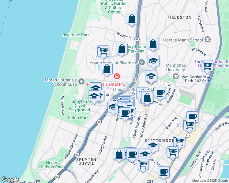 map of restaurants, bars, coffee shops, grocery stores, and more near 3701 Henry Hudson Parkway in Bronx