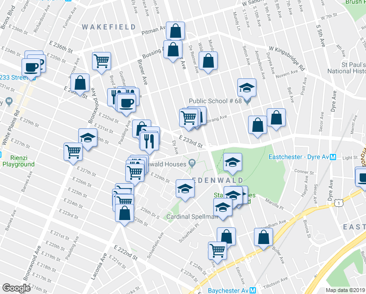 map of restaurants, bars, coffee shops, grocery stores, and more near 3919 Grace Avenue in Bronx