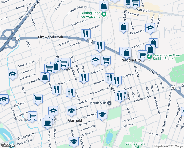 map of restaurants, bars, coffee shops, grocery stores, and more near 412 Banta Avenue in Garfield