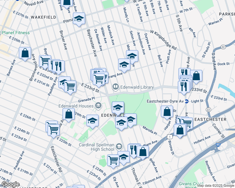map of restaurants, bars, coffee shops, grocery stores, and more near 1261 East 233rd Street in Bronx