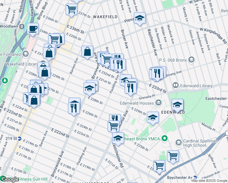 map of restaurants, bars, coffee shops, grocery stores, and more near 4124 Paulding Avenue in Bronx