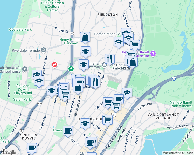 map of restaurants, bars, coffee shops, grocery stores, and more near 3853 Waldo Avenue in Bronx