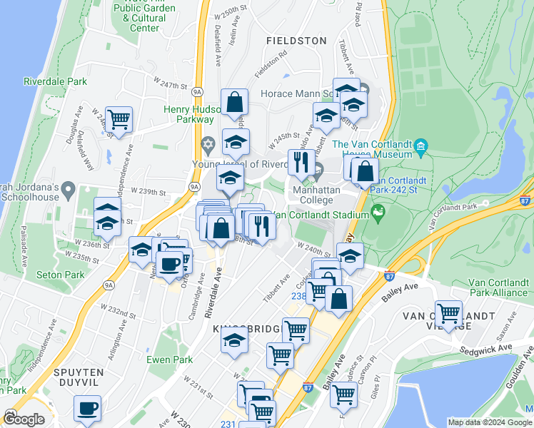 map of restaurants, bars, coffee shops, grocery stores, and more near 3853 Waldo Avenue in Bronx