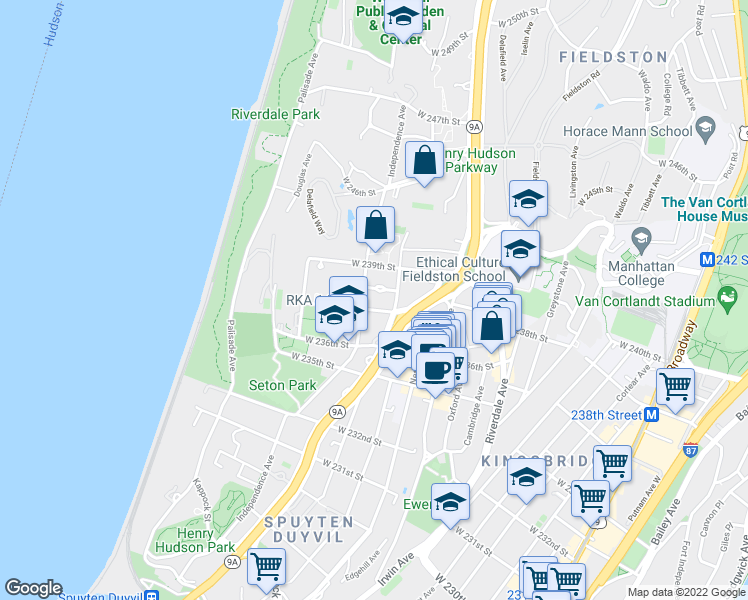 map of restaurants, bars, coffee shops, grocery stores, and more near 636 West 238th Street in Bronx