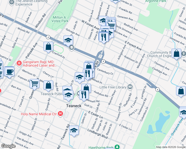 map of restaurants, bars, coffee shops, grocery stores, and more near 992 Allan Court in Teaneck