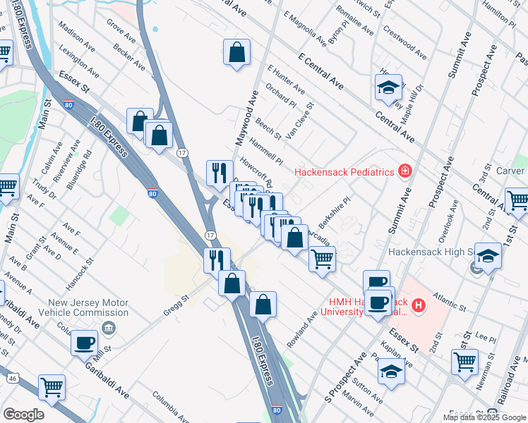 map of restaurants, bars, coffee shops, grocery stores, and more near 20 Maybrook Drive in Maywood