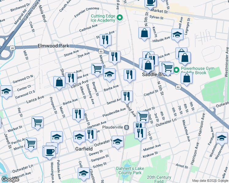 map of restaurants, bars, coffee shops, grocery stores, and more near 25 Davison Street in Garfield