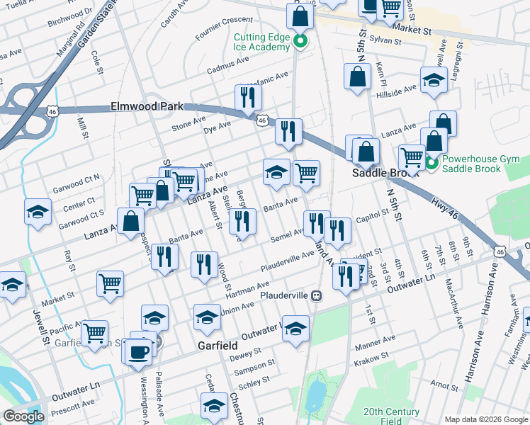 map of restaurants, bars, coffee shops, grocery stores, and more near 412 Banta Avenue in Garfield