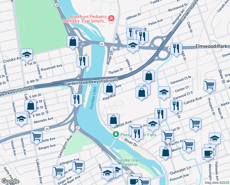 map of restaurants, bars, coffee shops, grocery stores, and more near 33 Kipp Avenue in Elmwood Park