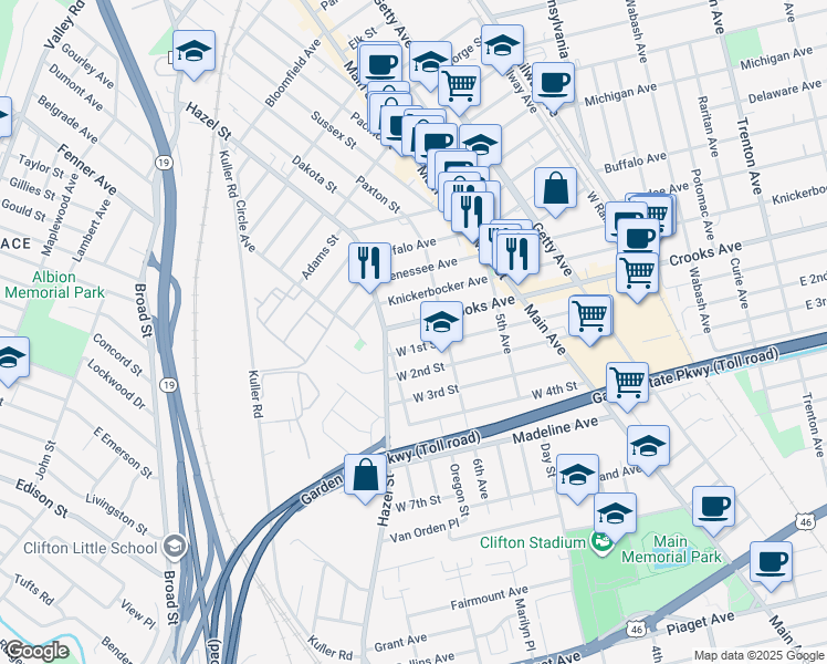 map of restaurants, bars, coffee shops, grocery stores, and more near 635 Crooks Avenue in Clifton