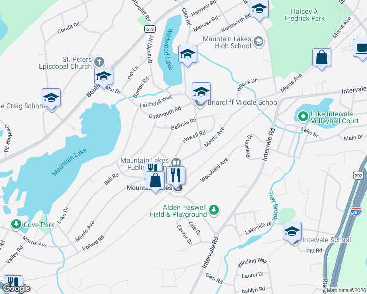 map of restaurants, bars, coffee shops, grocery stores, and more near 34 Howell Road in Mountain Lakes
