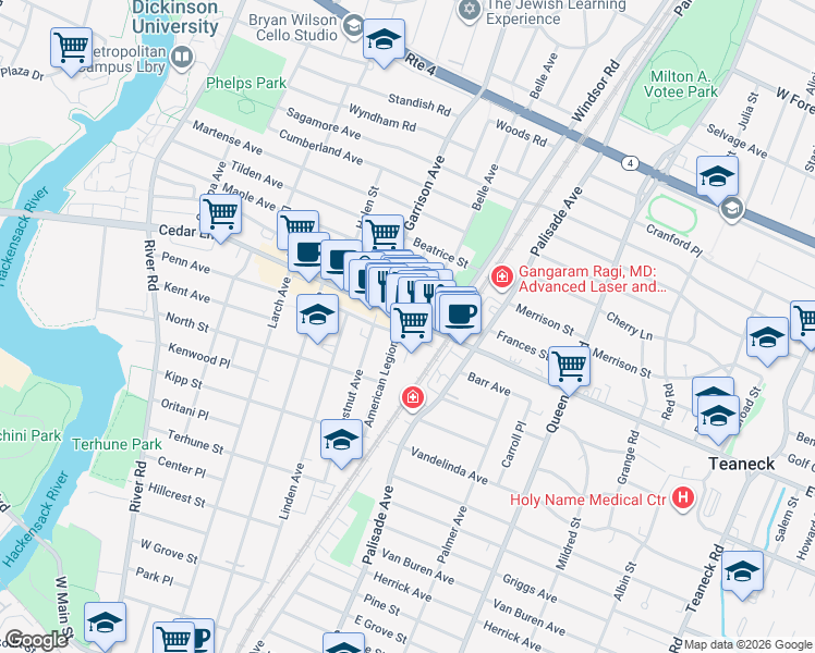 map of restaurants, bars, coffee shops, grocery stores, and more near 396 Cedar Lane in Teaneck