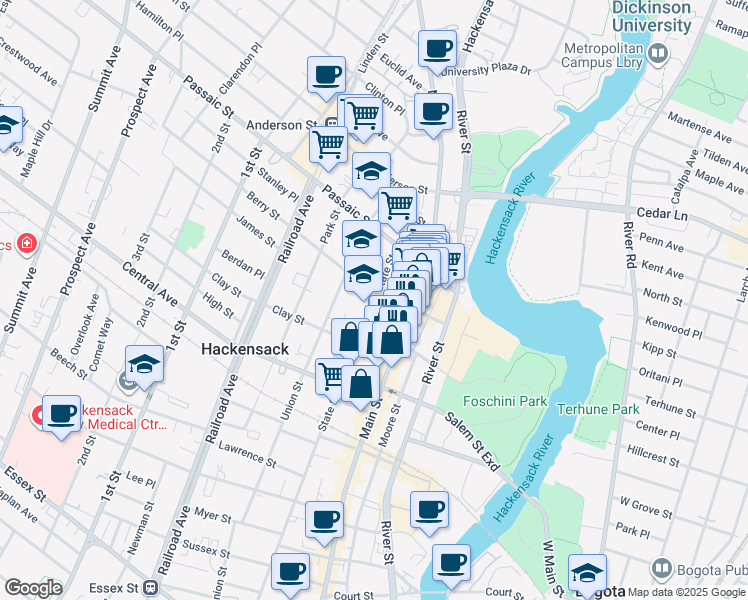 map of restaurants, bars, coffee shops, grocery stores, and more near 41 Berry Street in Hackensack