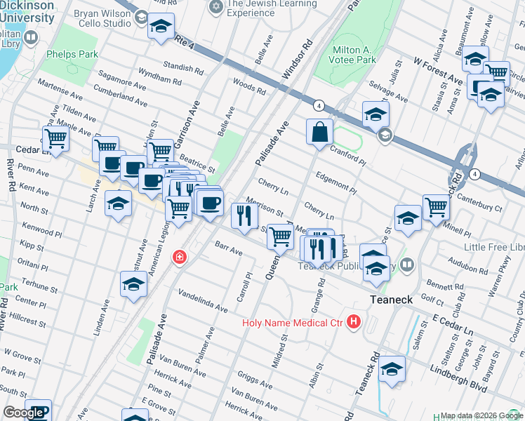 map of restaurants, bars, coffee shops, grocery stores, and more near 270 Merrison Street in Teaneck