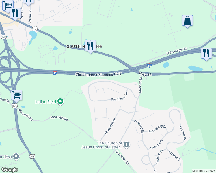 map of restaurants, bars, coffee shops, grocery stores, and more near 9 Long Ridge Court in Roxbury Township