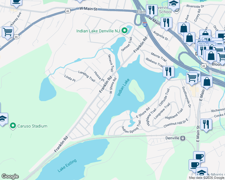 map of restaurants, bars, coffee shops, grocery stores, and more near 42 West Shore Road in Denville