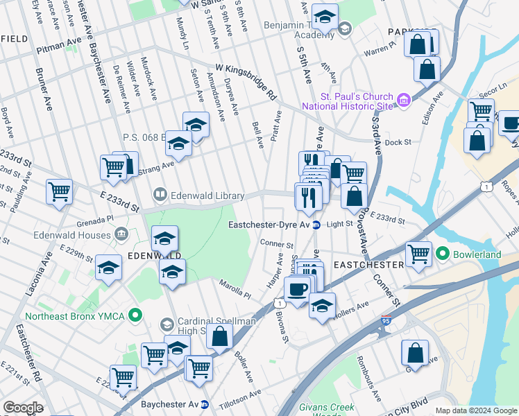 map of restaurants, bars, coffee shops, grocery stores, and more near 3821 Pratt Avenue in Bronx