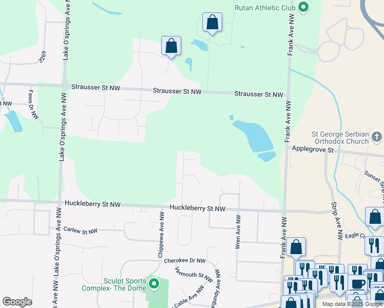 map of restaurants, bars, coffee shops, grocery stores, and more near 5433 Mark Twain Circle Northwest in North Canton