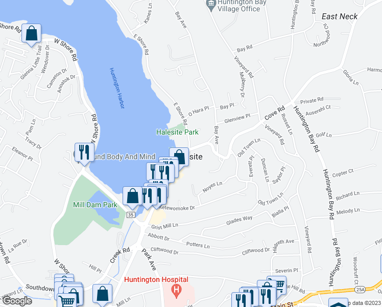 map of restaurants, bars, coffee shops, grocery stores, and more near 4 New York Avenue in Halesite
