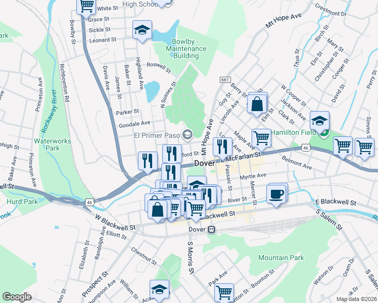 map of restaurants, bars, coffee shops, grocery stores, and more near 33a Sanford Street in Dover