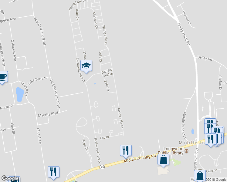 map of restaurants, bars, coffee shops, grocery stores, and more near 601 Spring Lake Drive in Middle Island