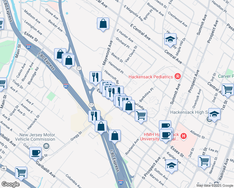 map of restaurants, bars, coffee shops, grocery stores, and more near 20 Maybrook Drive in Maywood