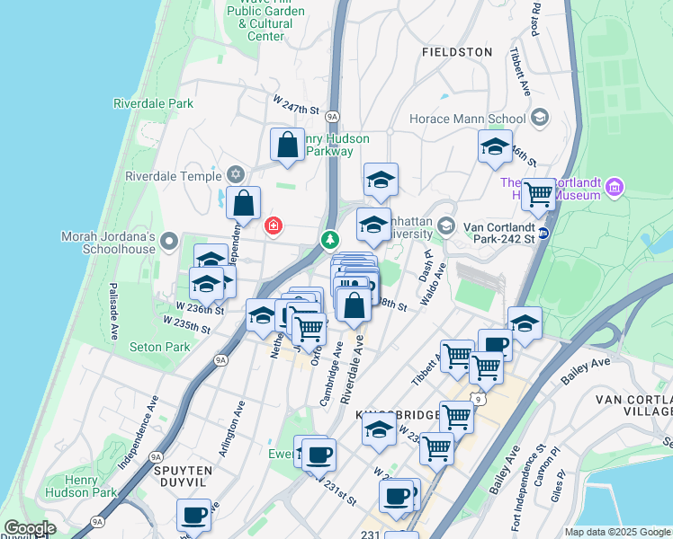 map of restaurants, bars, coffee shops, grocery stores, and more near 3811 Riverdale Avenue in Bronx