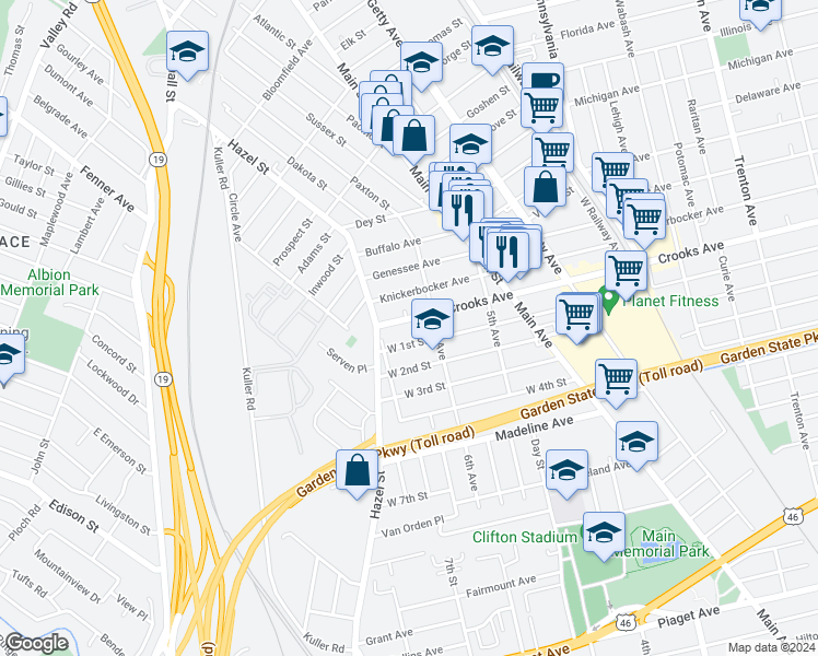 map of restaurants, bars, coffee shops, grocery stores, and more near 635 Crooks Avenue in Clifton