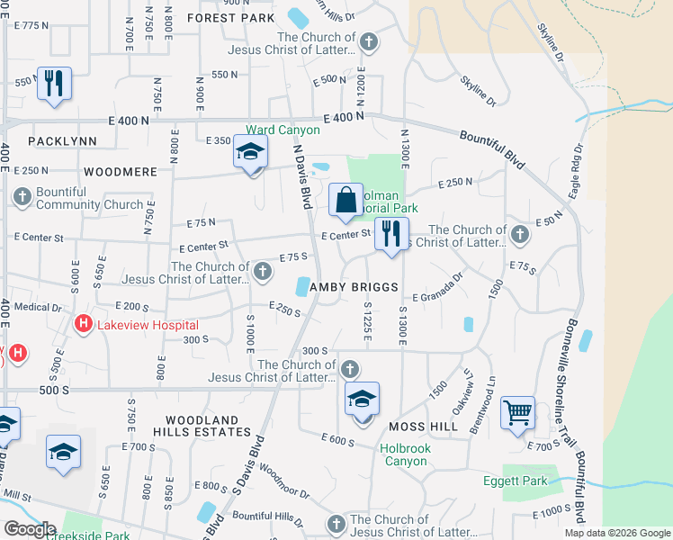 map of restaurants, bars, coffee shops, grocery stores, and more near 108 Briggs Drive in Bountiful