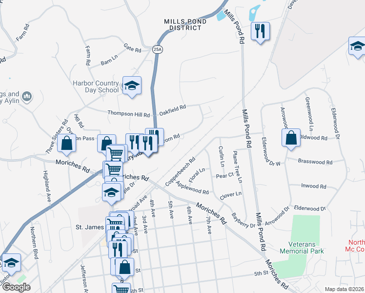 map of restaurants, bars, coffee shops, grocery stores, and more near 9 Piper Court in Saint James