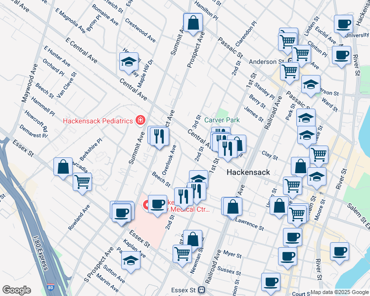 map of restaurants, bars, coffee shops, grocery stores, and more near 284 American Legion Drive in Hackensack