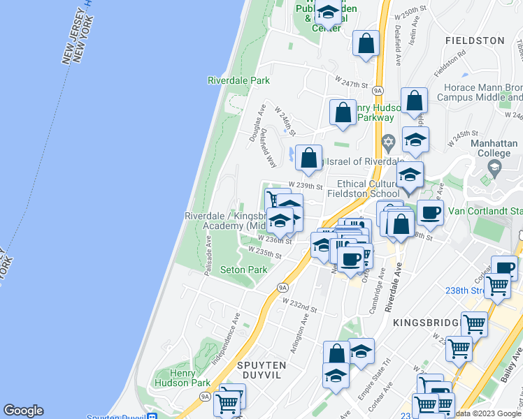 map of restaurants, bars, coffee shops, grocery stores, and more near 3671 Hudson Manor Terrace in Bronx