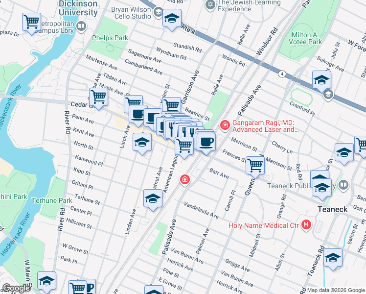 map of restaurants, bars, coffee shops, grocery stores, and more near 396 Cedar Lane in Teaneck