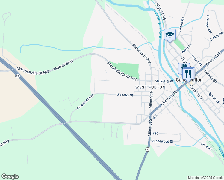 map of restaurants, bars, coffee shops, grocery stores, and more near 820 Wooster Street in Canal Fulton