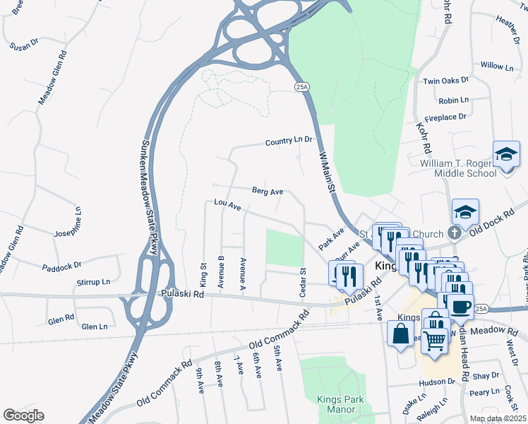 map of restaurants, bars, coffee shops, grocery stores, and more near 165 Lou Avenue in Kings Park