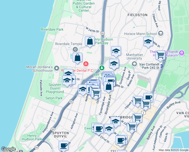 map of restaurants, bars, coffee shops, grocery stores, and more near Henry Hudson Parkway East & Johnson Avenue in Bronx