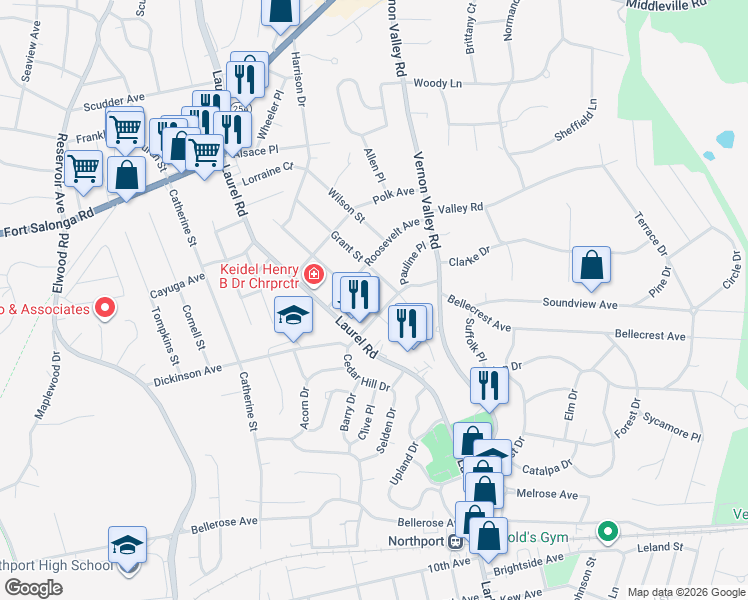 map of restaurants, bars, coffee shops, grocery stores, and more near 20 Harding Street in East Northport