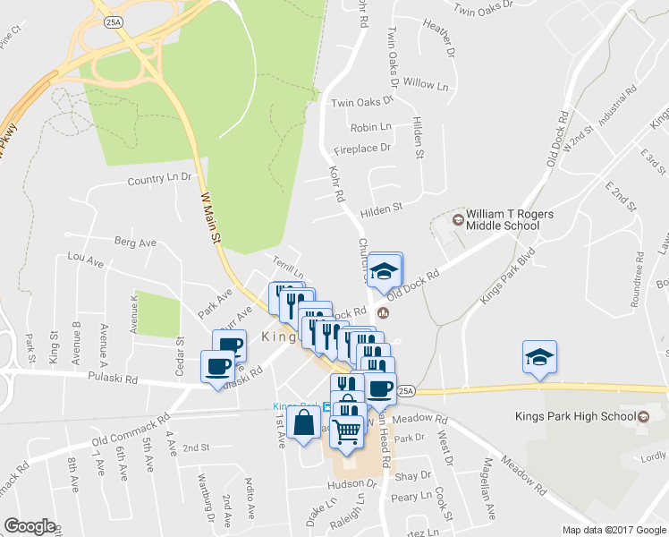 map of restaurants, bars, coffee shops, grocery stores, and more near 130 Church Street in Kings Park