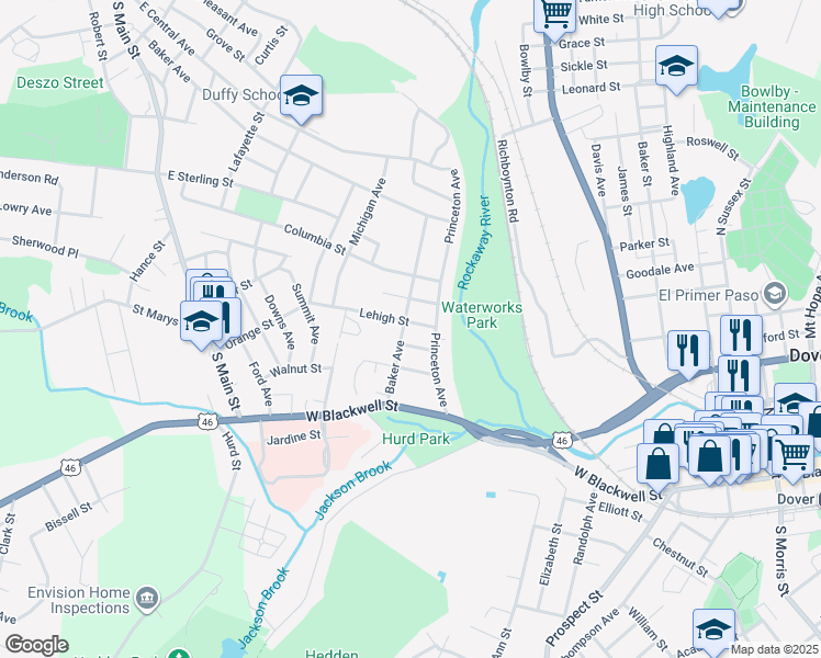 map of restaurants, bars, coffee shops, grocery stores, and more near 37 Baker Avenue in Dover