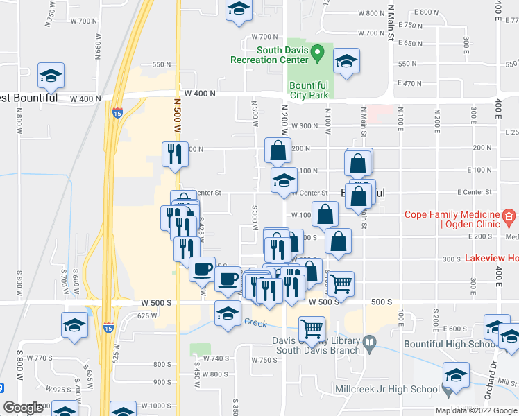 map of restaurants, bars, coffee shops, grocery stores, and more near 65 South 300 West in Bountiful