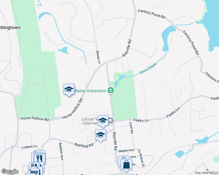 map of restaurants, bars, coffee shops, grocery stores, and more near 222 Bayville Road in Locust Valley
