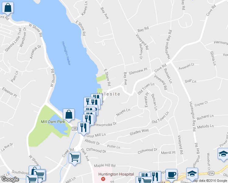 map of restaurants, bars, coffee shops, grocery stores, and more near 6 Youngs Hill Road in Huntington