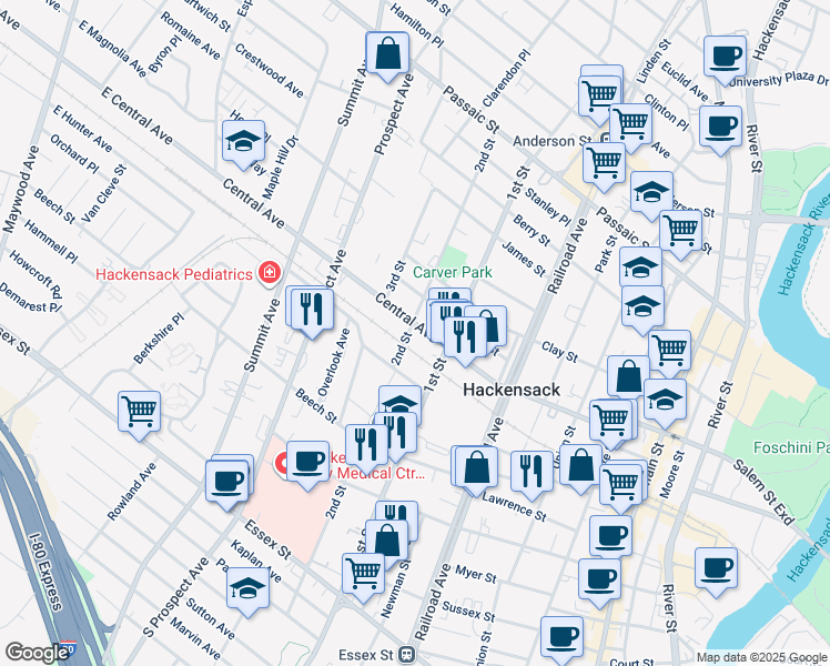 map of restaurants, bars, coffee shops, grocery stores, and more near 215-17-21 2nd Street in Hackensack