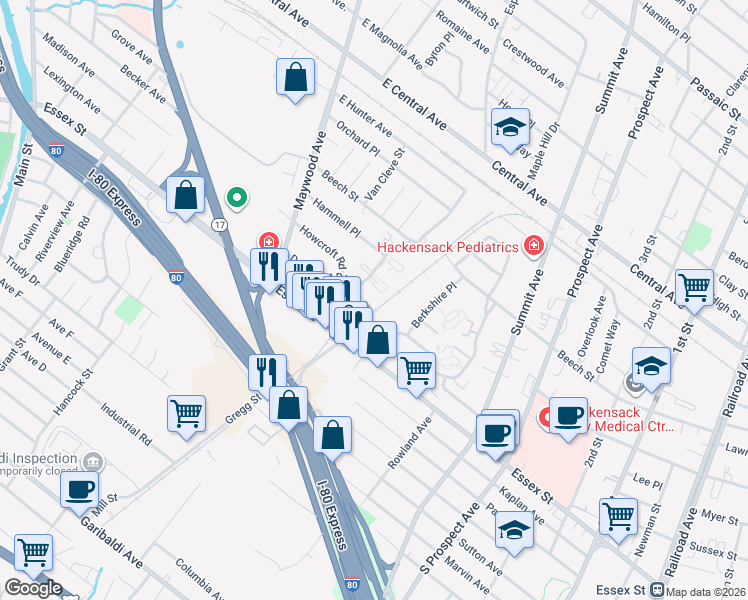 map of restaurants, bars, coffee shops, grocery stores, and more near 1ST 2nd Street in Maywood