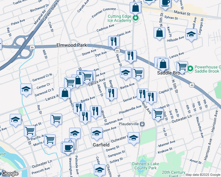 map of restaurants, bars, coffee shops, grocery stores, and more near 389 Banta Avenue in Garfield